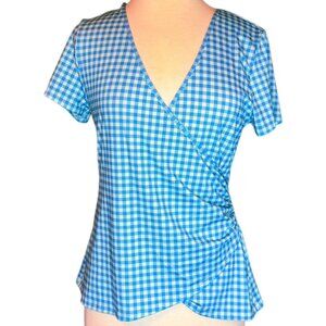 Lands End MSRP $71 Gingham V-neck Blouse Short Sleeve Stretch White Blue Top SM